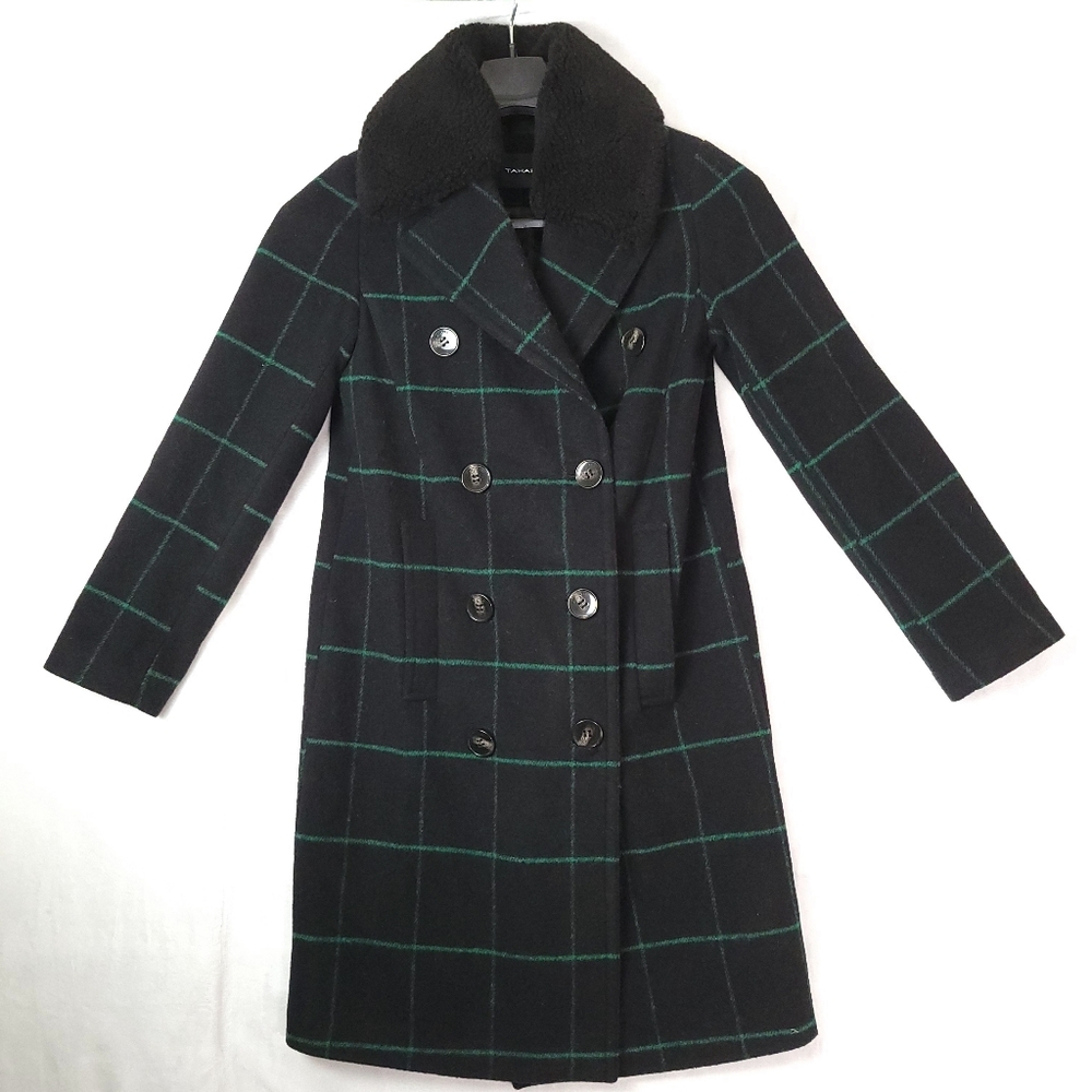 Tahari Plaid Wool Blend Faux Fur Collar Double Breasted Coat XS